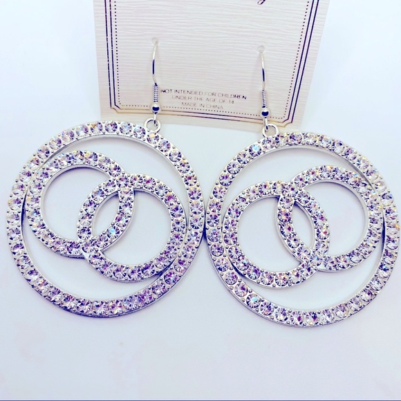 Earrings Crystal Forever Love Circles Silver tone  Pierced Super Brilliant - Picture 5 of 8